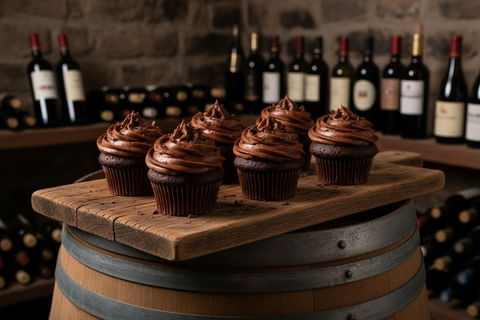 dark chocolate cupcakes served on a rustic wooden board that sits on top of a wine barrel inside of a cellar.  
